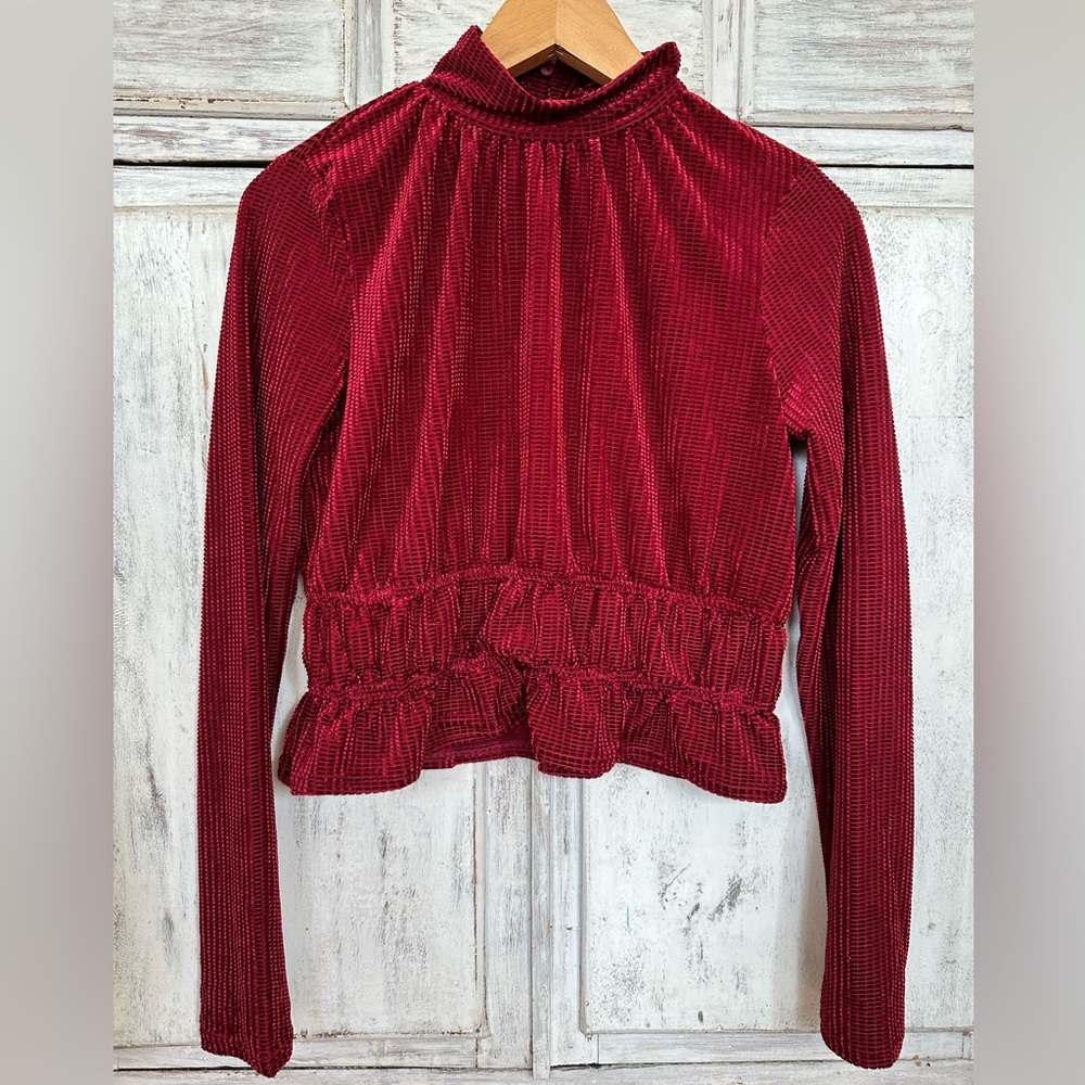 High neck, Velvet, Long sleeve Top, Small, NWOT, Red